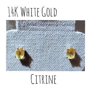 14K White Gold Citrine Gemstones 6mm Stud Post Earrings Vintage ~1970's